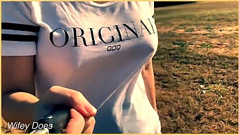 Spouses Strolls Around A Golf Course Without A Bra